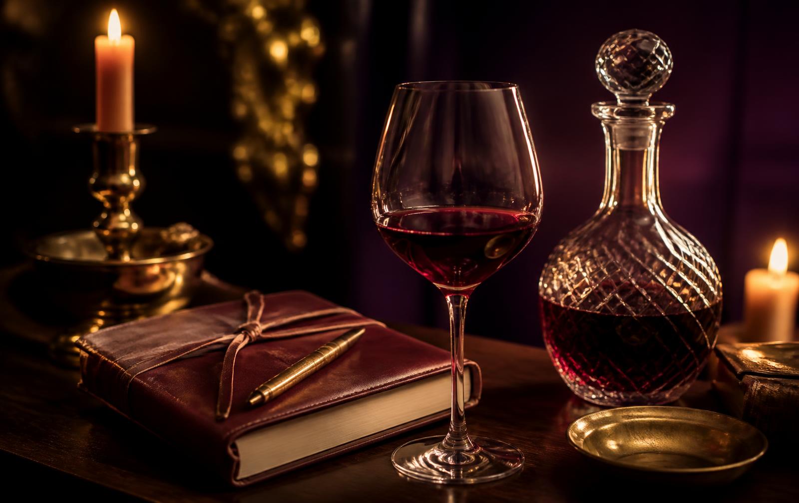 A glass of red wine, a crystal decanter and a leather journal by candlelight